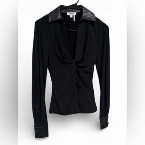 DKNY Black Stretch Twist-Front Blouse w/ Faux Leather Trim